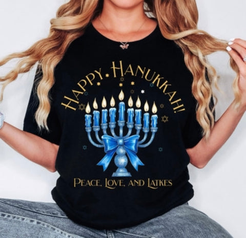 Peace, love & latkes tee in black